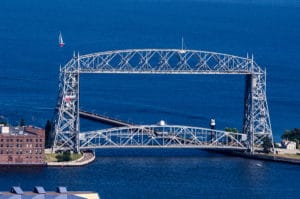 views of Aerial lift bridge in Duluth, Minnesota on a blue Lake Superior during a Bed and Breakfast Duluth MN stay